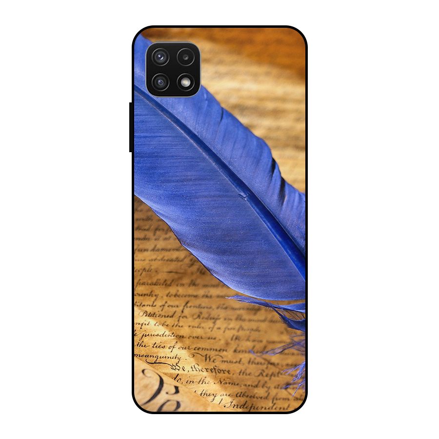 Beautiful Blue Feather Metal Back Case for Galaxy A22 5G