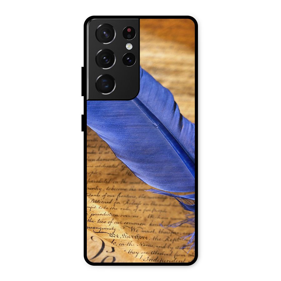 Beautiful Blue Feather Metal Back Case for Galaxy S21 Ultra 5G