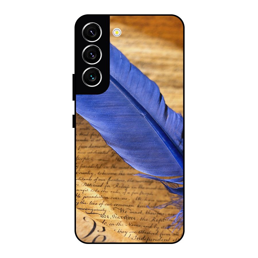 Beautiful Blue Feather Metal Back Case for Galaxy S22 5G