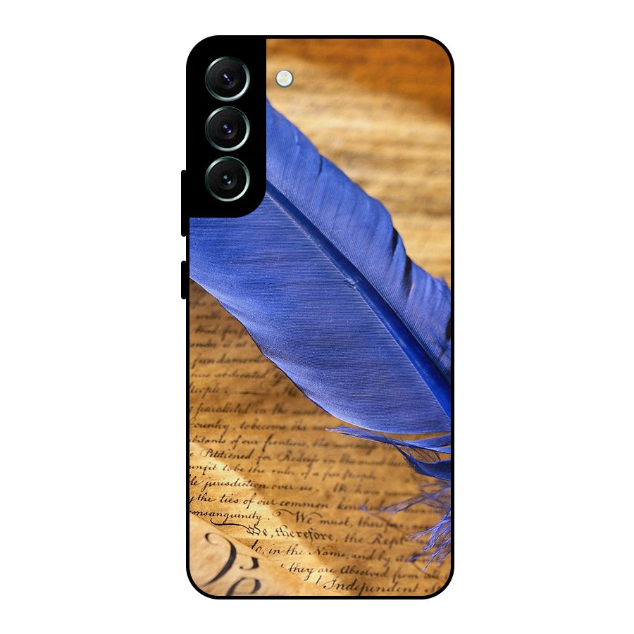 Beautiful Blue Feather Metal Back Case for Galaxy S22 Plus 5G