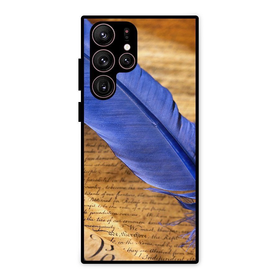 Beautiful Blue Feather Metal Back Case for Galaxy S22 Ultra 5G
