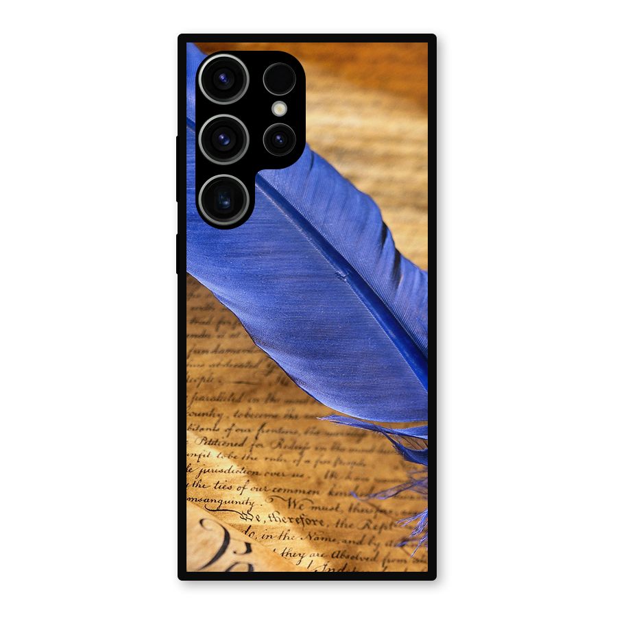 Beautiful Blue Feather Metal Back Case for Galaxy S23 Ultra