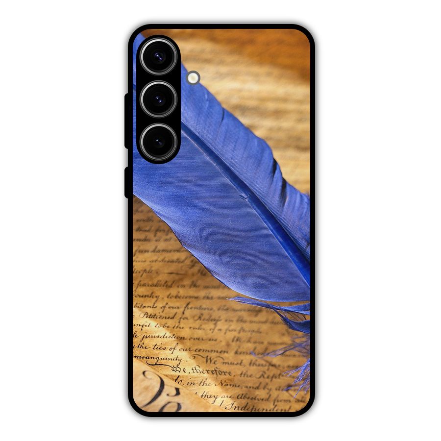 Beautiful Blue Feather Metal Back Case for Galaxy S24 Plus