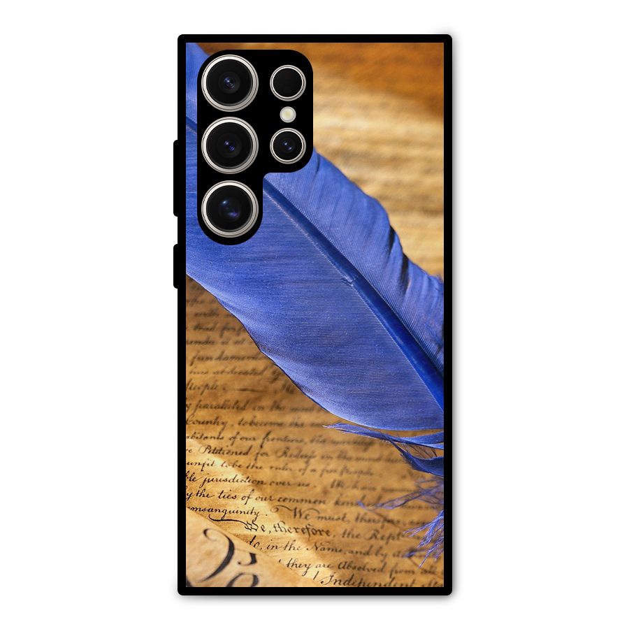 Beautiful Blue Feather Metal Back Case for Galaxy S24 Ultra