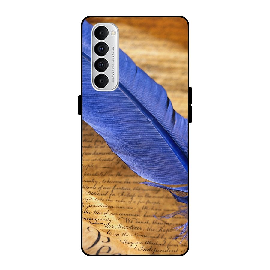 Beautiful Blue Feather Metal Back Case for Oppo Reno4 Pro