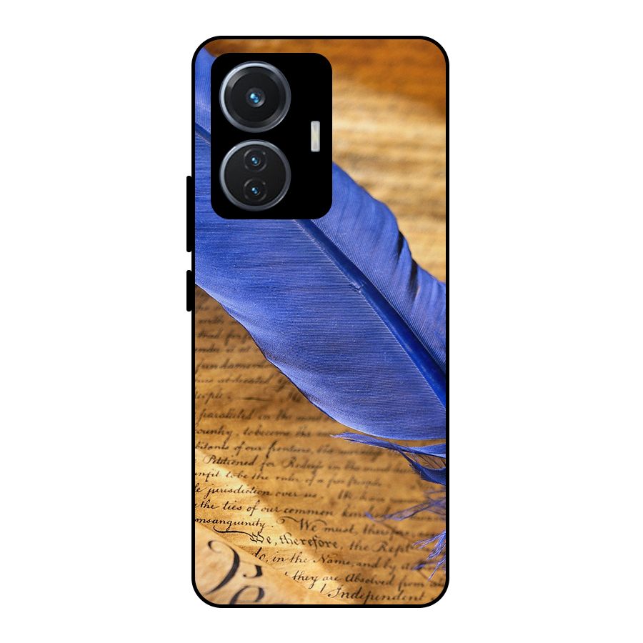 Beautiful Blue Feather Metal Back Case for Vivo T1 44W