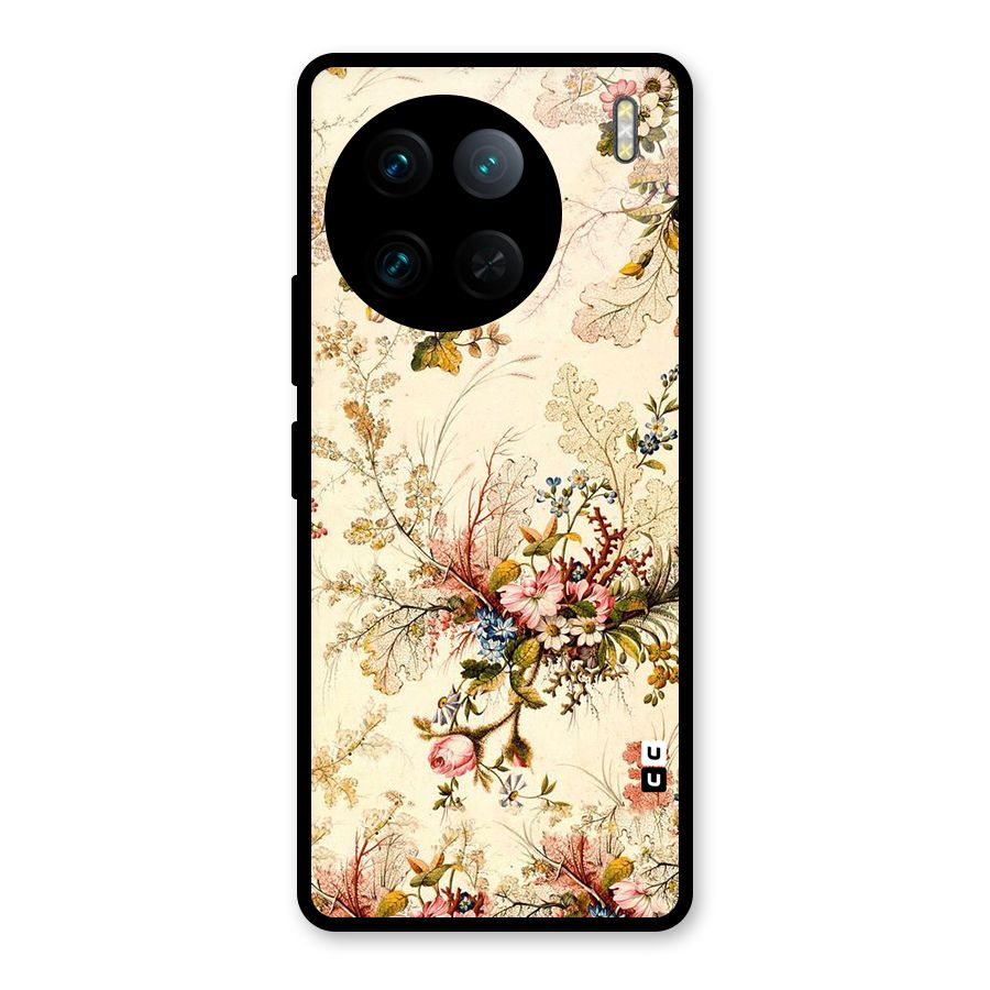 Beige Floral Glass Back Case for Vivo X90 Pro