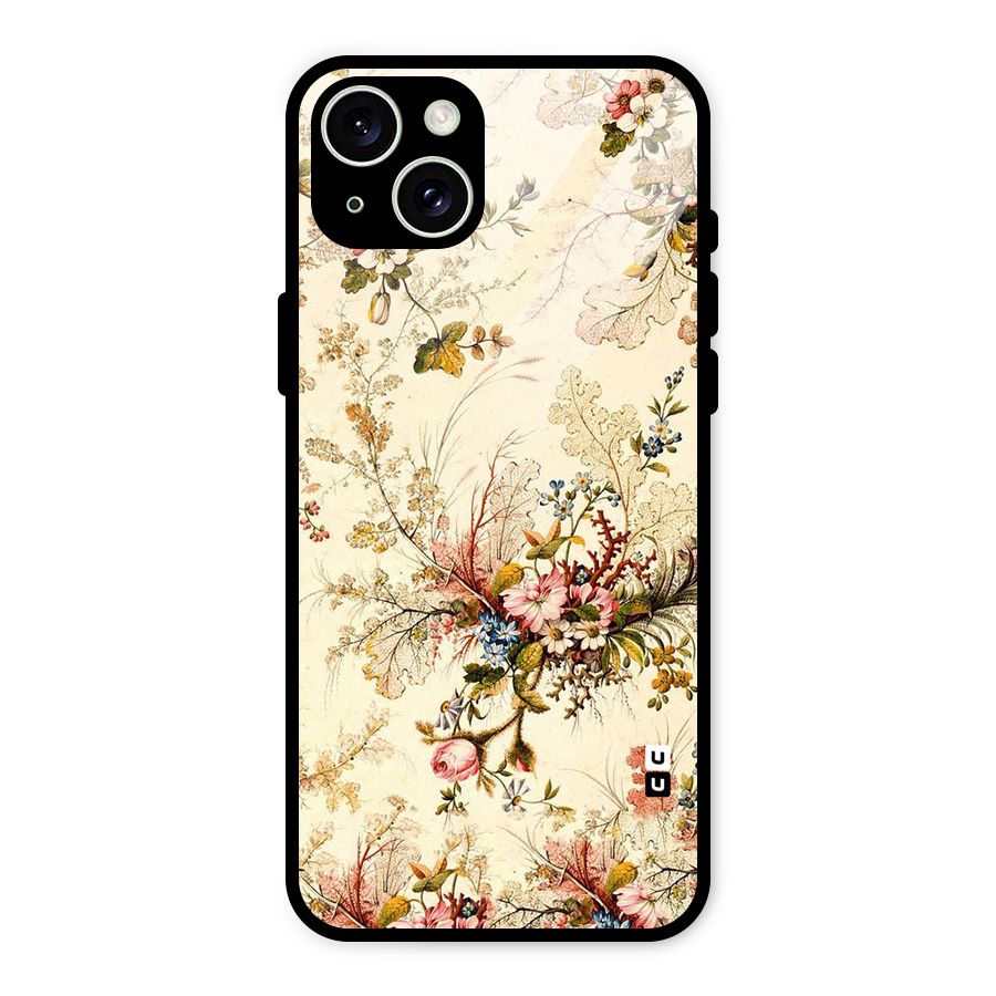 Beige Floral Glass Back Case for iPhone 15 Plus