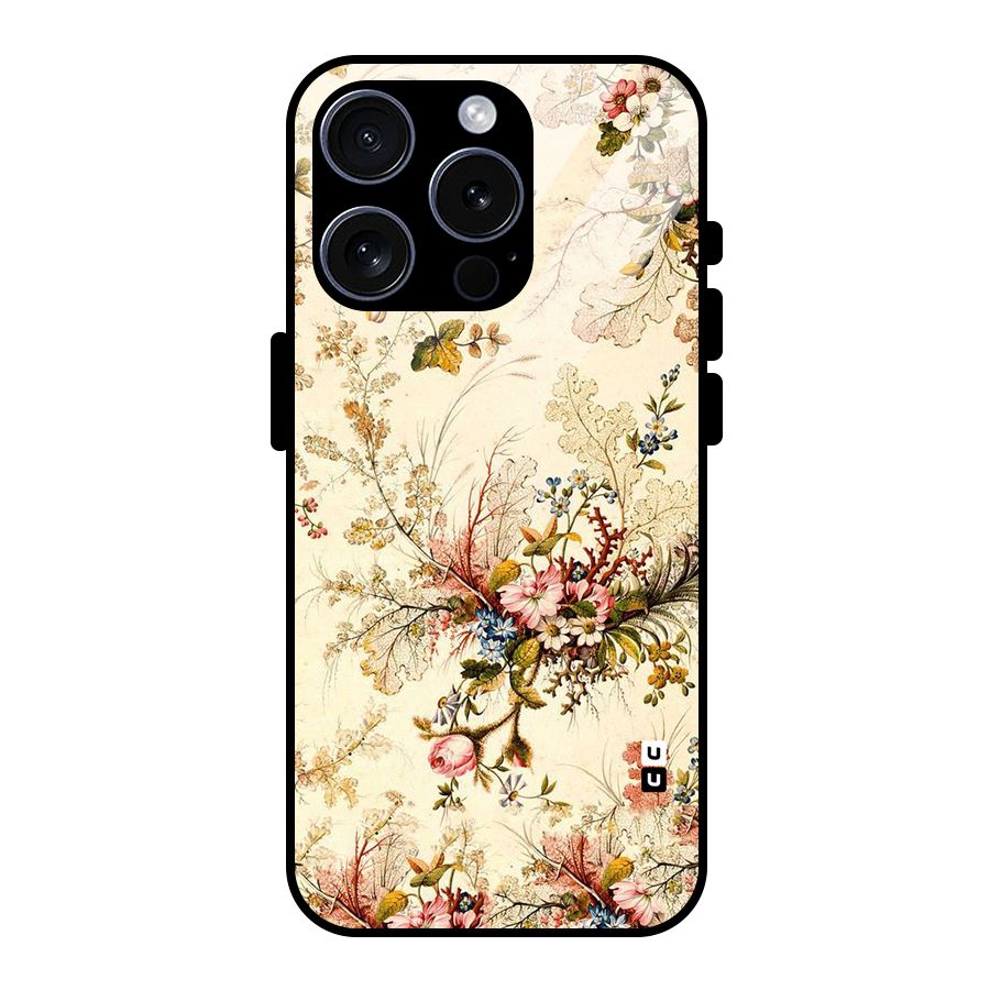 Beige Floral Glass Back Case for iPhone 15 Pro