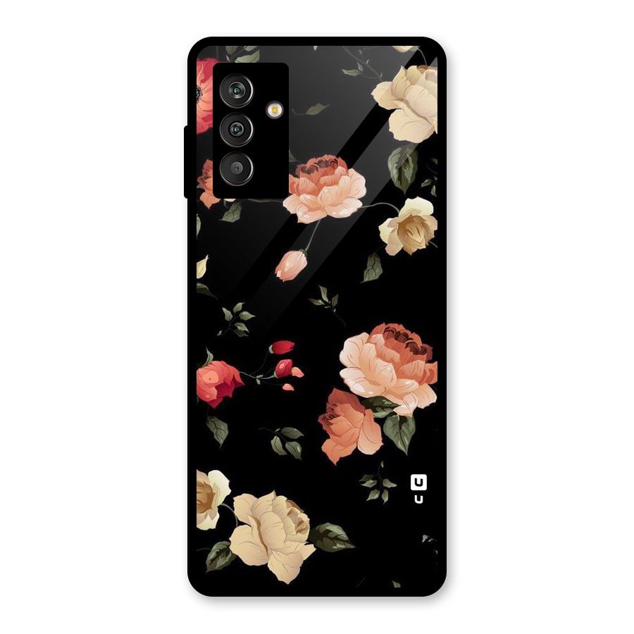 Black Artistic Floral Glass Back Case for Galaxy M13