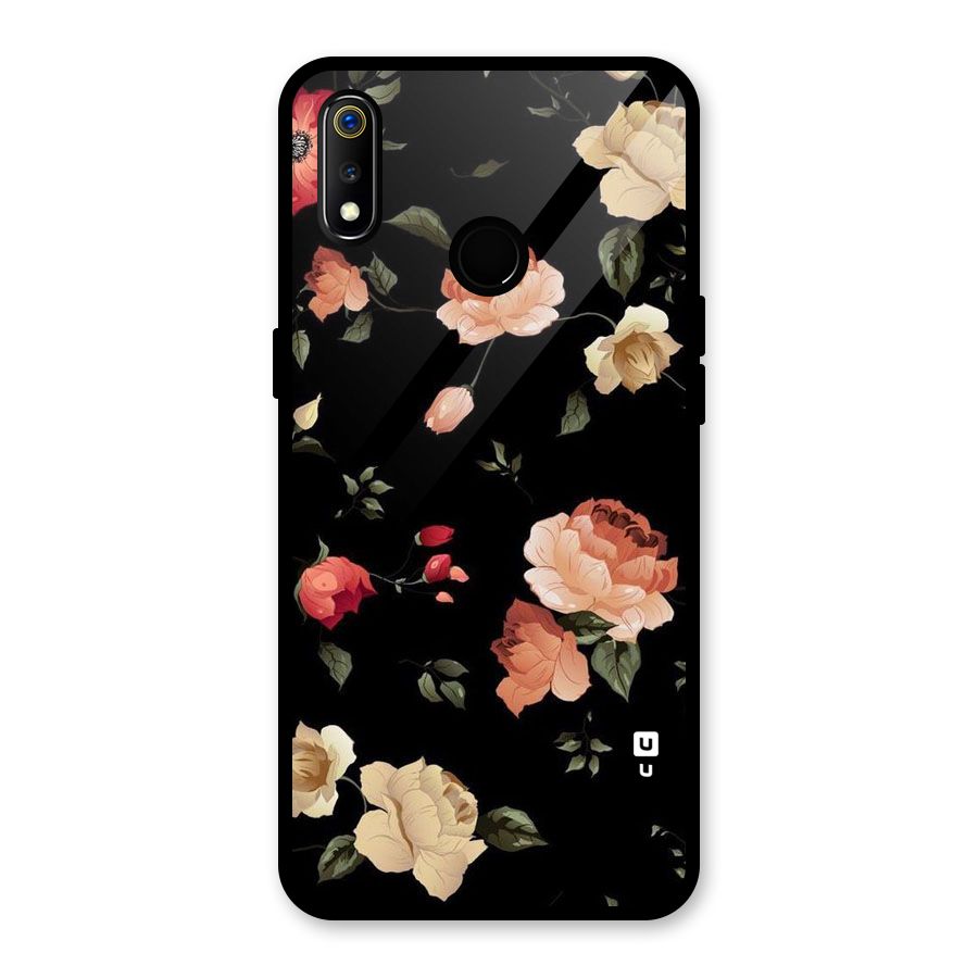 Black Artistic Floral Glass Back Case for Realme 3