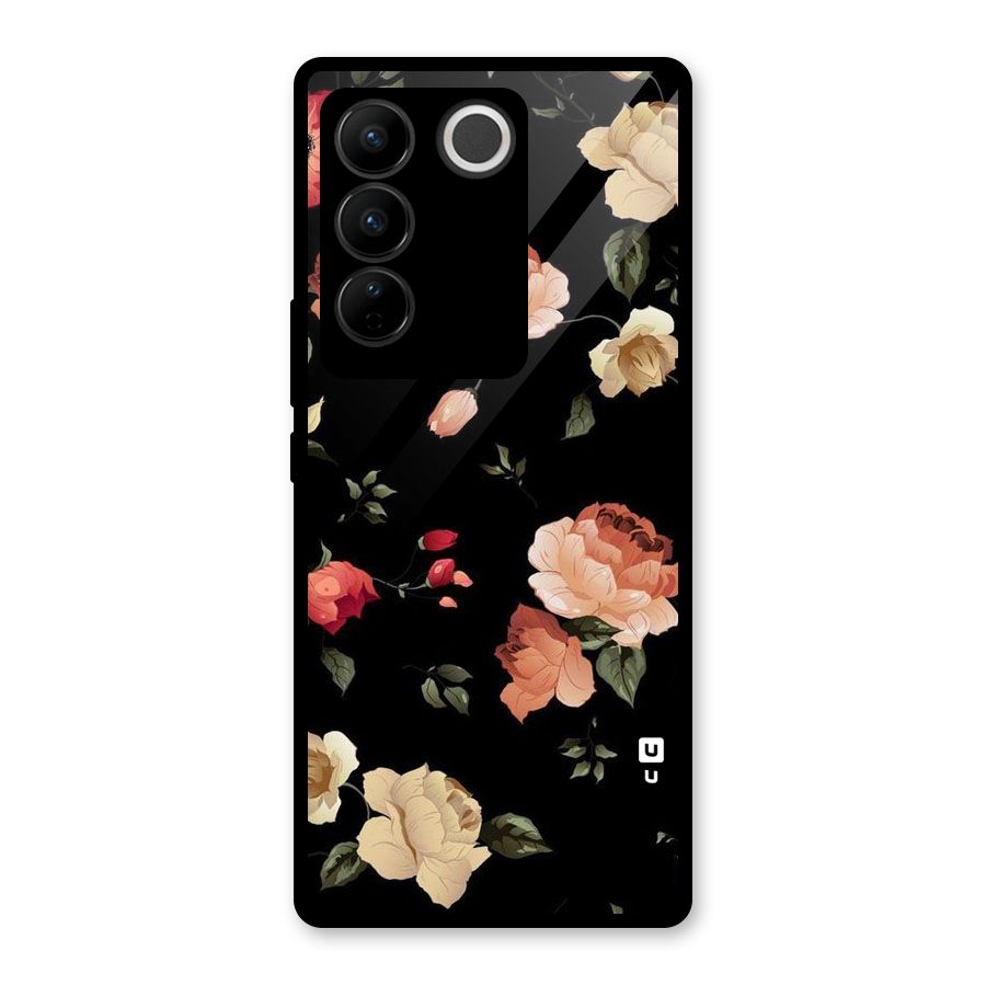 Black Artistic Floral Glass Back Case for Vivo V27 Pro