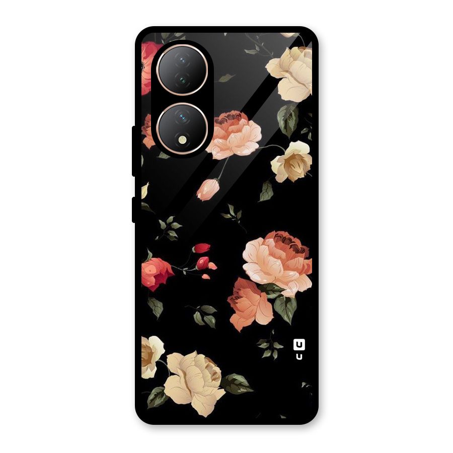 Black Artistic Floral Glass Back Case for Vivo Y100A