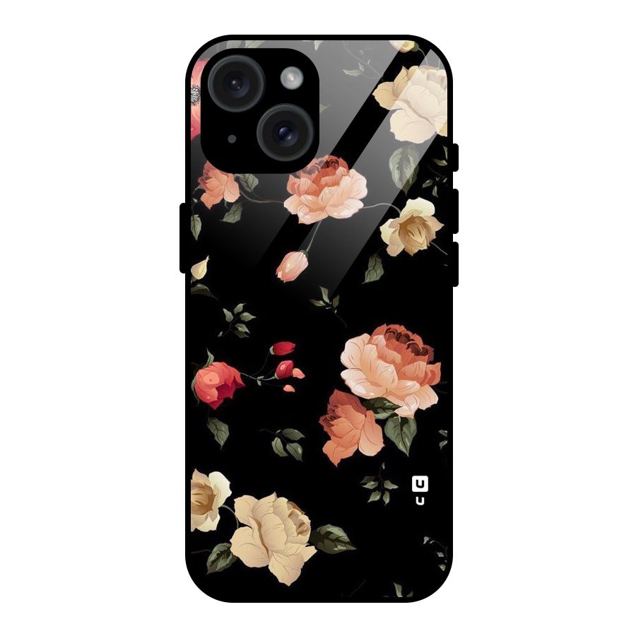 Black Artistic Floral Glass Back Case for iPhone 15