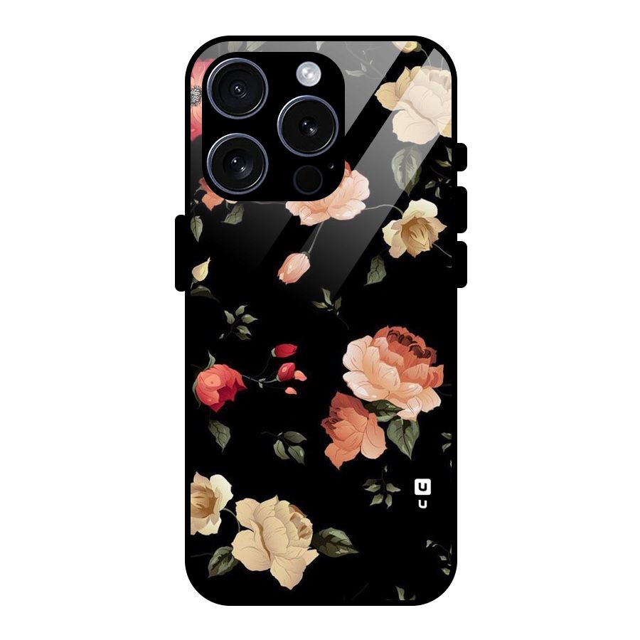 Black Artistic Floral Glass Back Case for iPhone 15 Pro
