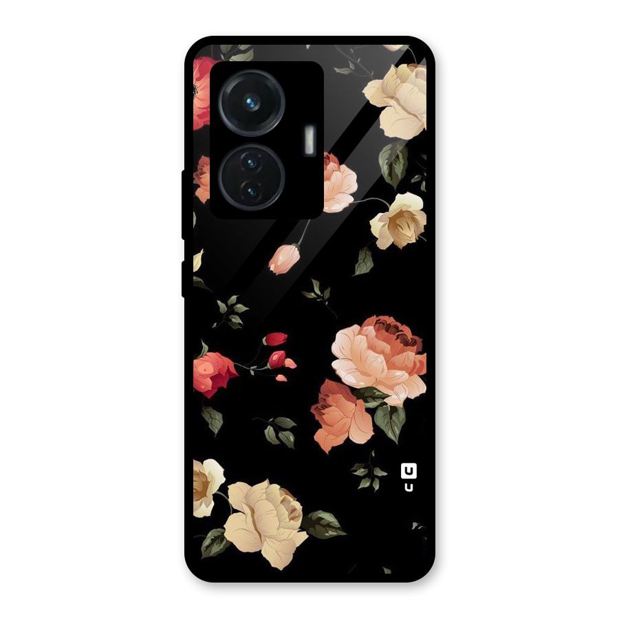 Black Artistic Floral Glass Back Case for iQOO Z6 44W
