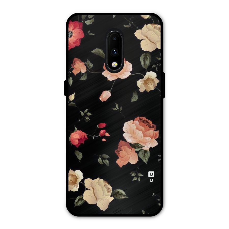 Black Artistic Floral Metal Back Case for OnePlus 7
