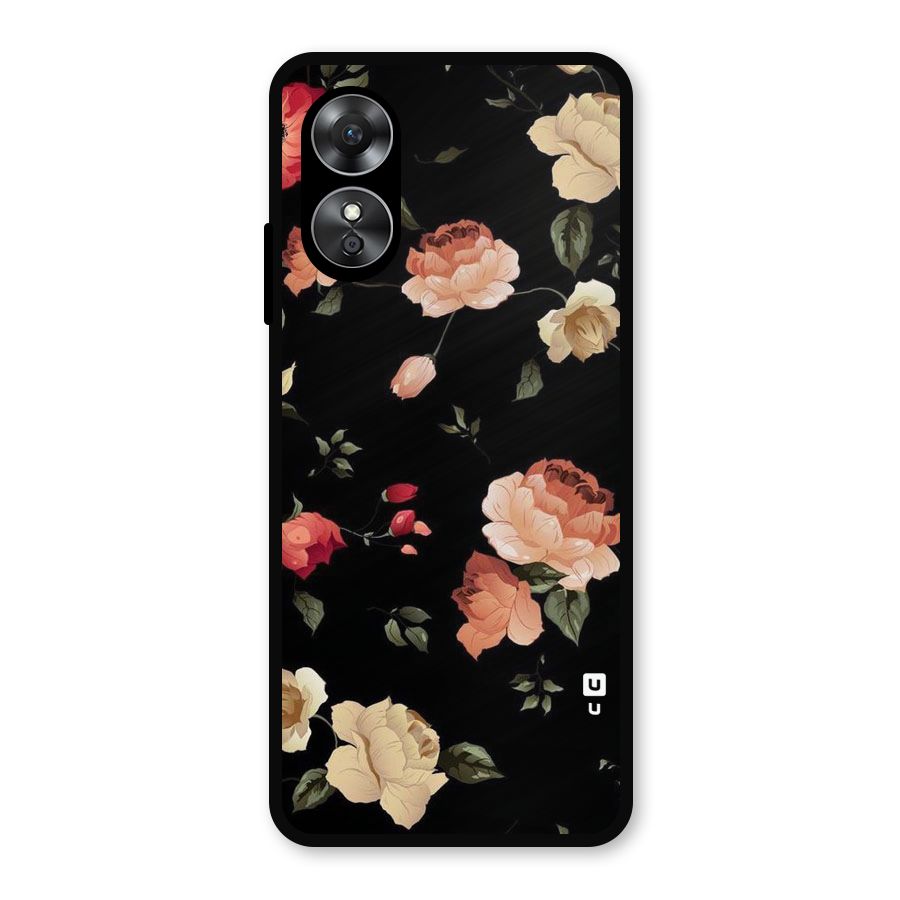 Black Artistic Floral Metal Back Case for Oppo A17