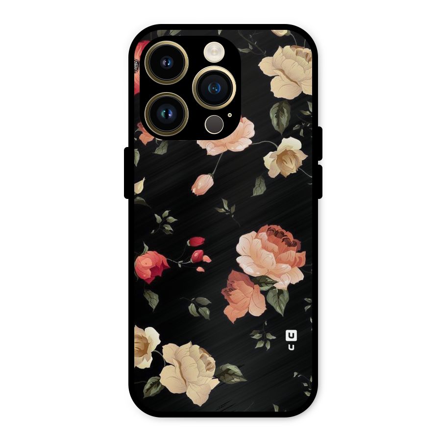 Black Artistic Floral Metal Back Case for iPhone 14 Pro