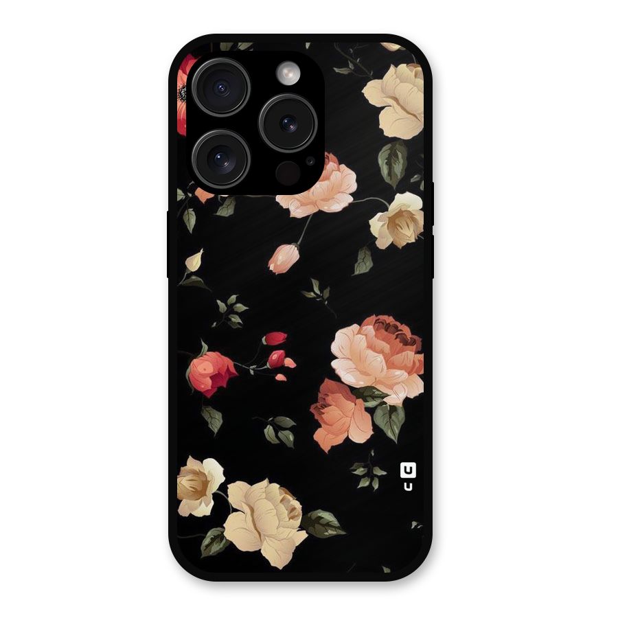 Black Artistic Floral Metal Back Case for iPhone 15 Pro