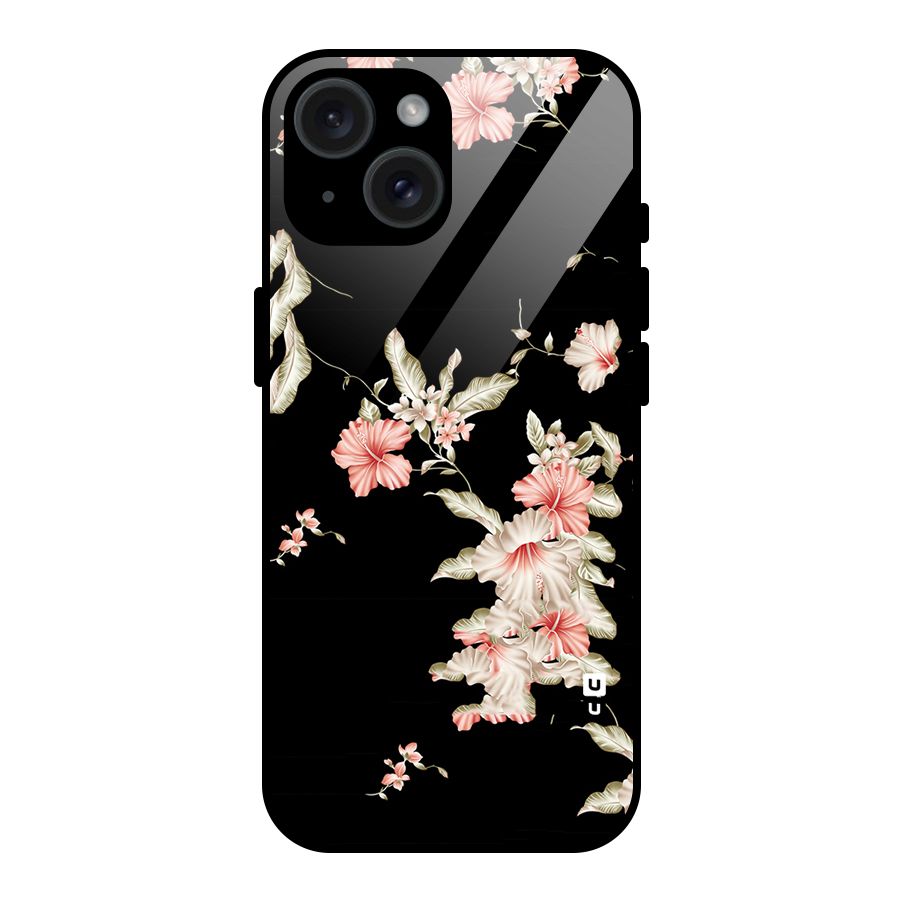 Black Floral Glass Back Case for iPhone 15
