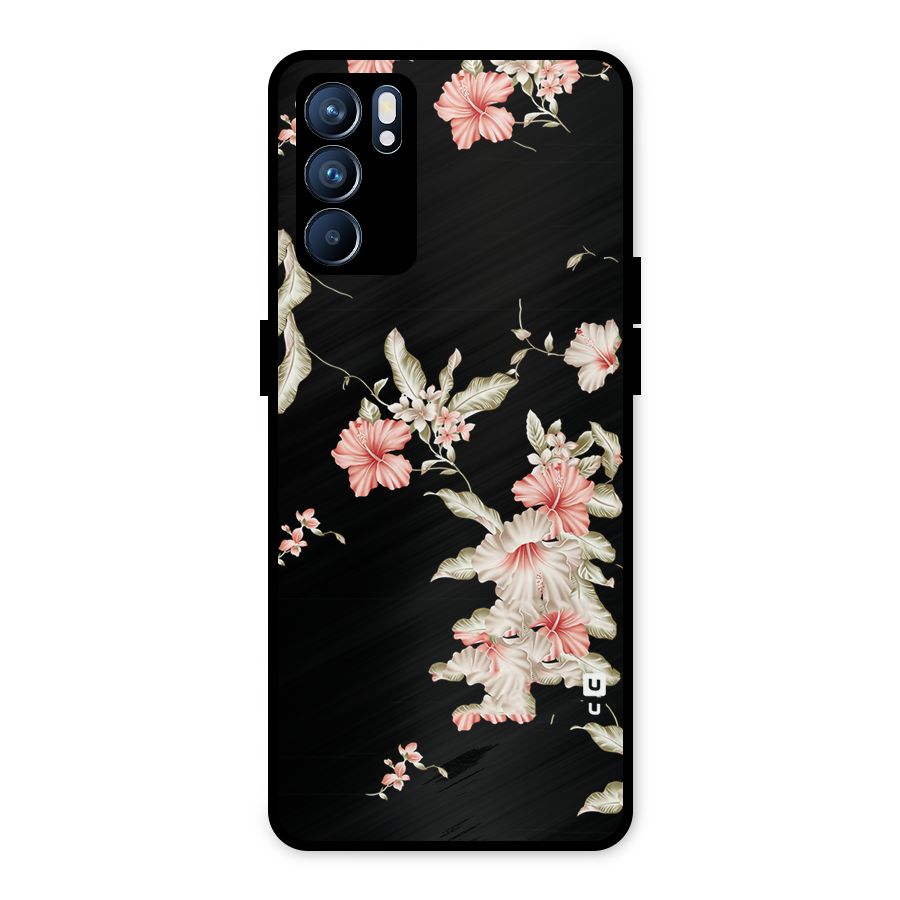 Black Floral Metal Back Case for Oppo Reno6 5G