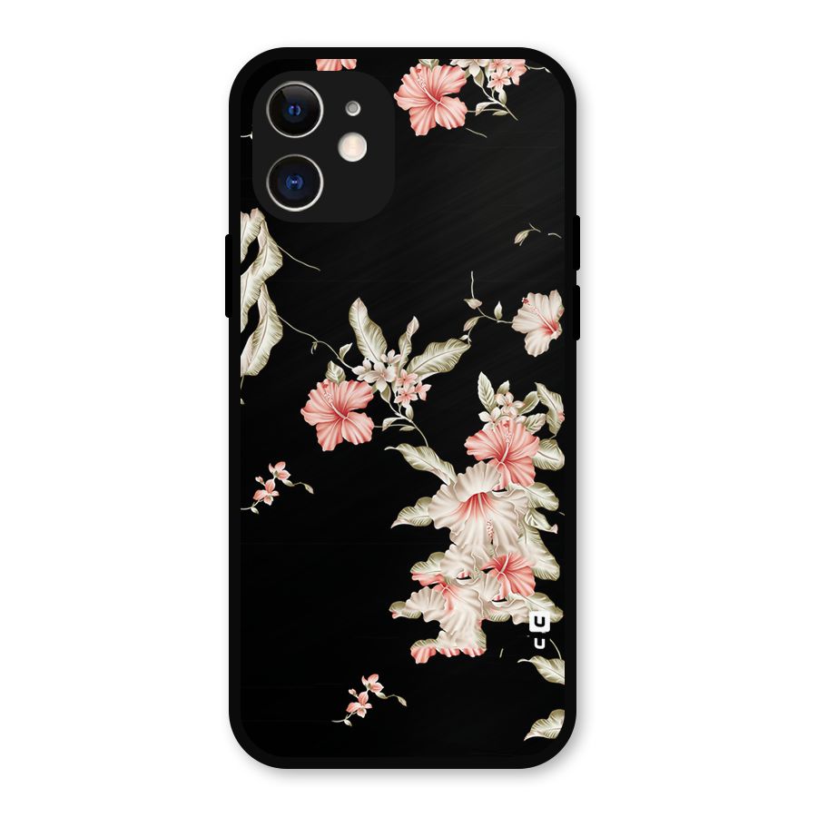 Black Floral Metal Back Case for iPhone 12