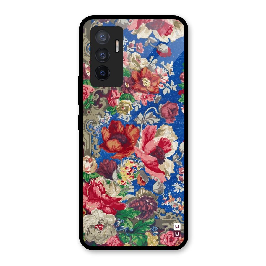 Block Printed Flowers Glass Back Case for Vivo V23e