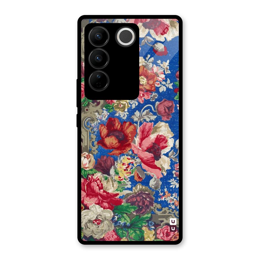 Block Printed Flowers Glass Back Case for Vivo V27 Pro