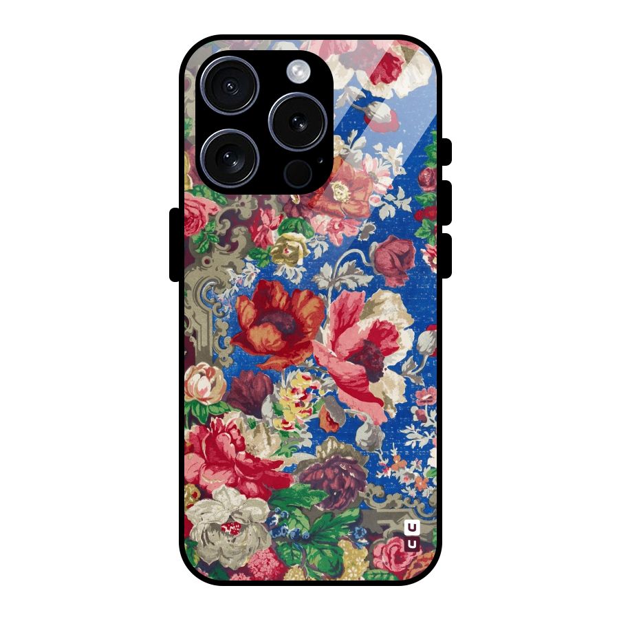Block Printed Flowers Glass Back Case for iPhone 15 Pro