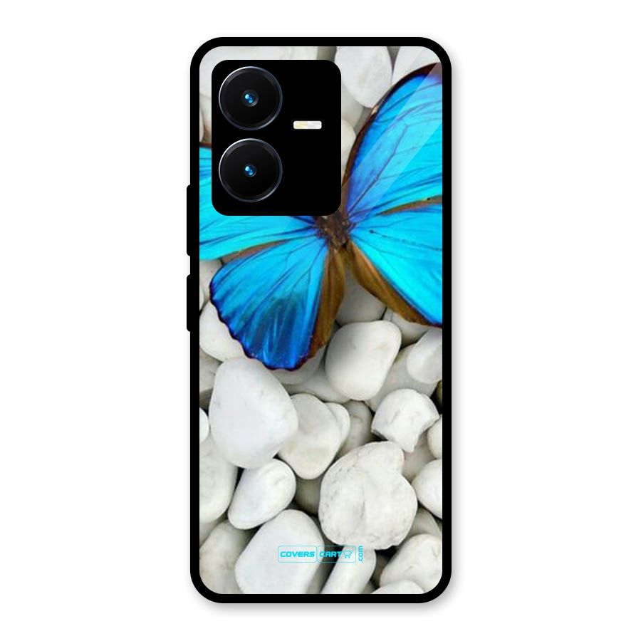 Blue Butterfly Glass Back Case for Vivo Y22s