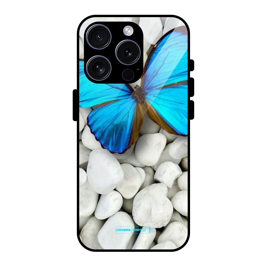 Blue Butterfly Glass Back Case for iPhone 15 Pro
