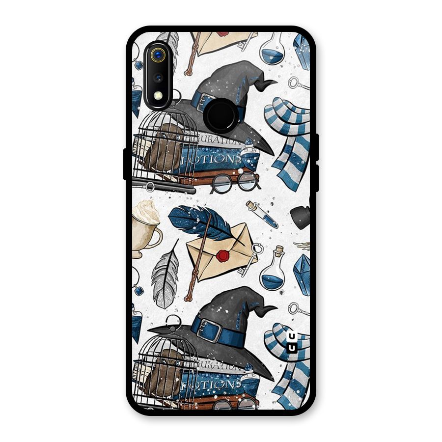 Blue Feather Hat Design Glass Back Case for Realme 3