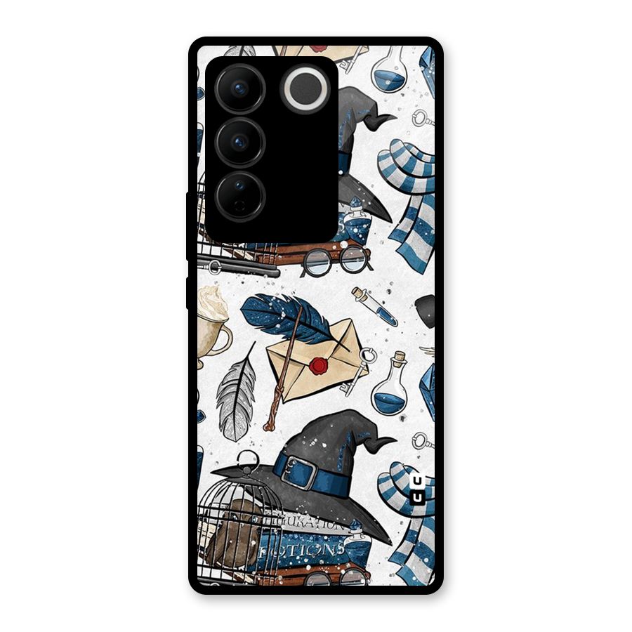 Blue Feather Hat Design Glass Back Case for Vivo V27 Pro