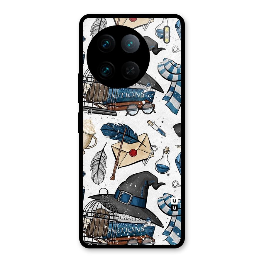 Blue Feather Hat Design Glass Back Case for Vivo X90 Pro