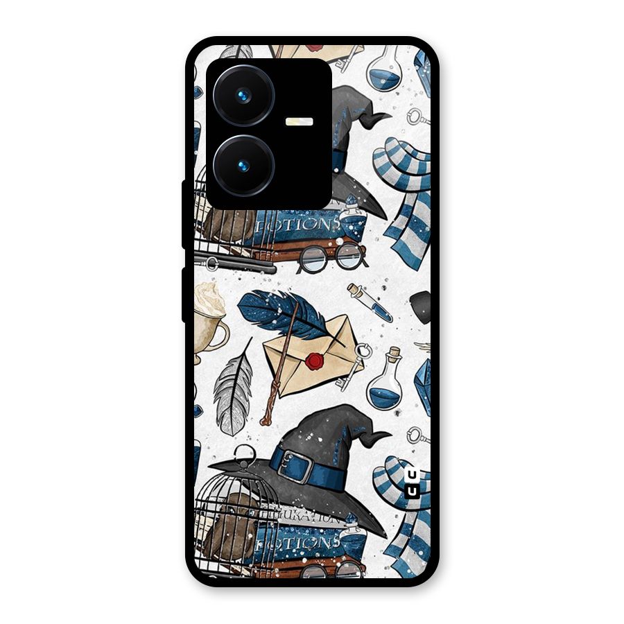 Blue Feather Hat Design Glass Back Case for Vivo Y22s