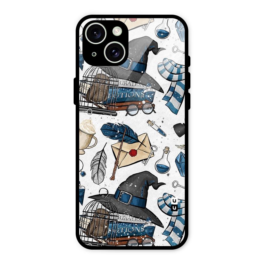 Blue Feather Hat Design Glass Back Case for iPhone 15 Plus