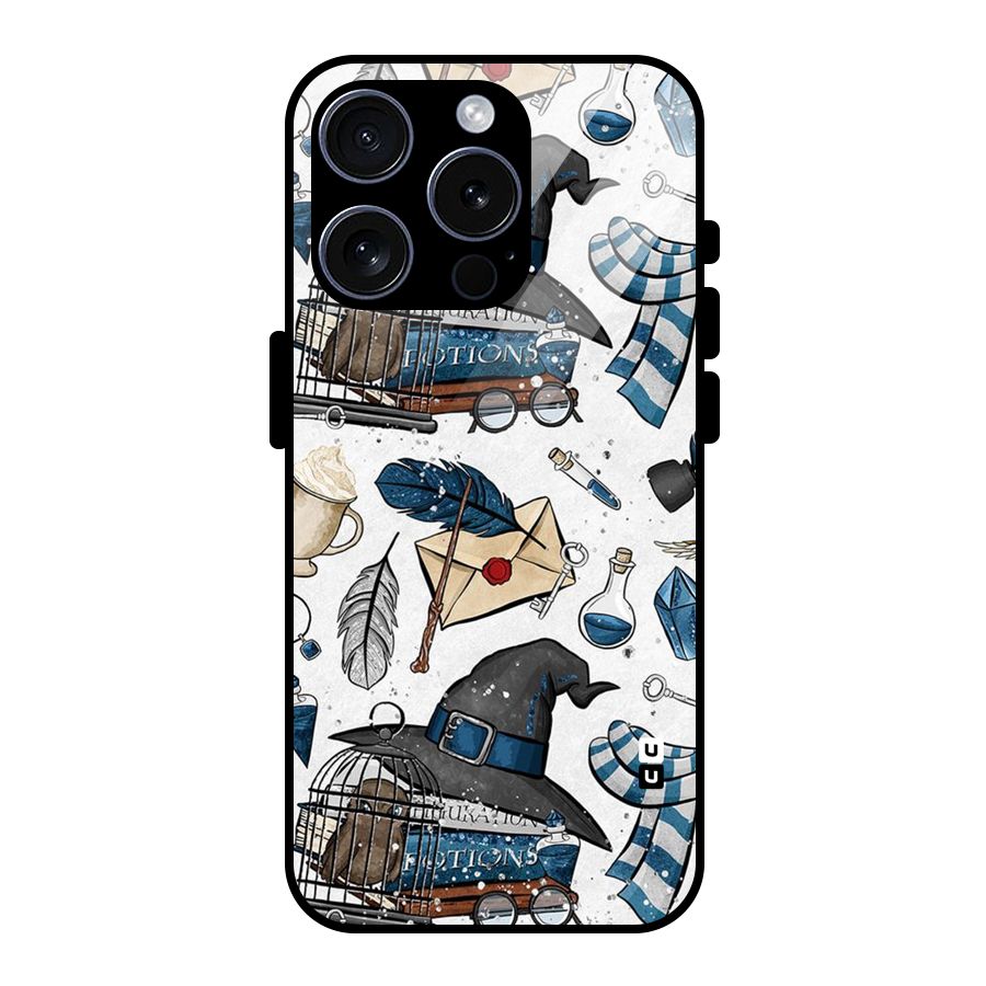 Blue Feather Hat Design Glass Back Case for iPhone 15 Pro