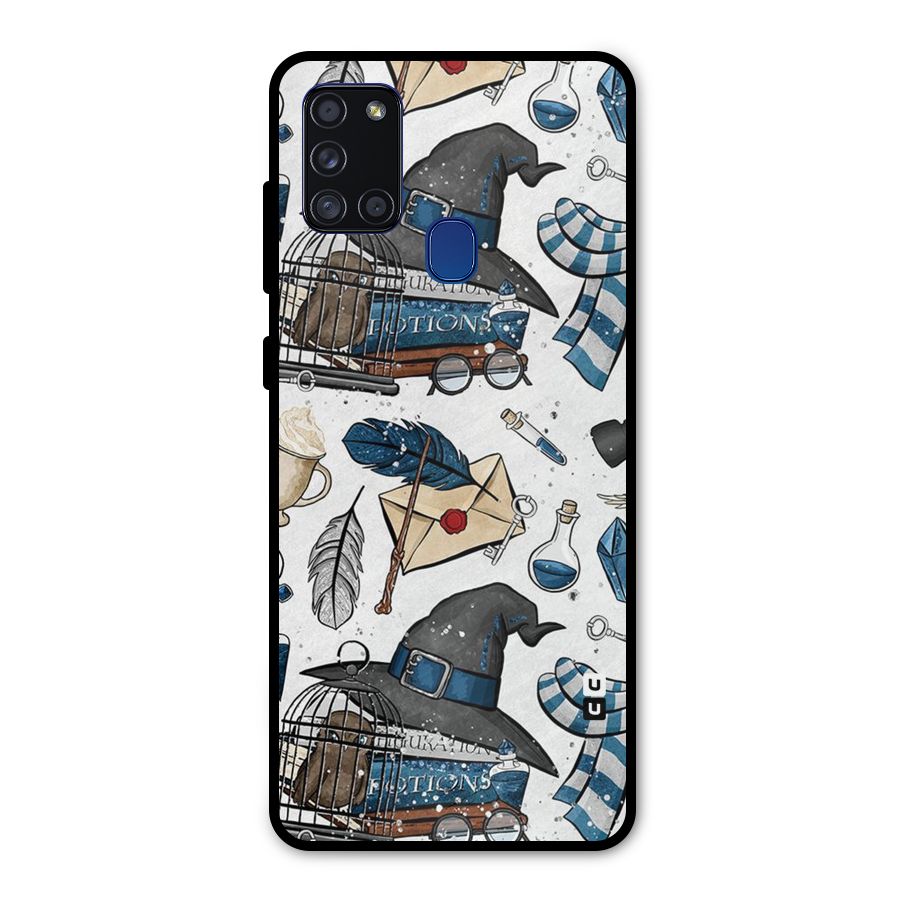 Blue Feather Hat Design Metal Back Case for Galaxy A21s