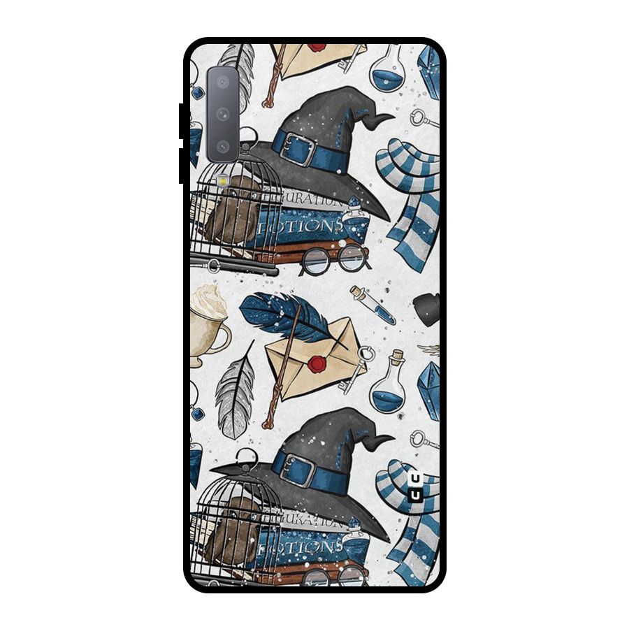 Blue Feather Hat Design Metal Back Case for Galaxy A7 (2018)