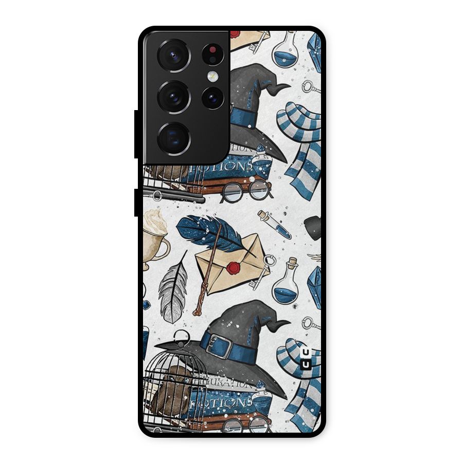 Blue Feather Hat Design Metal Back Case for Galaxy S21 Ultra 5G