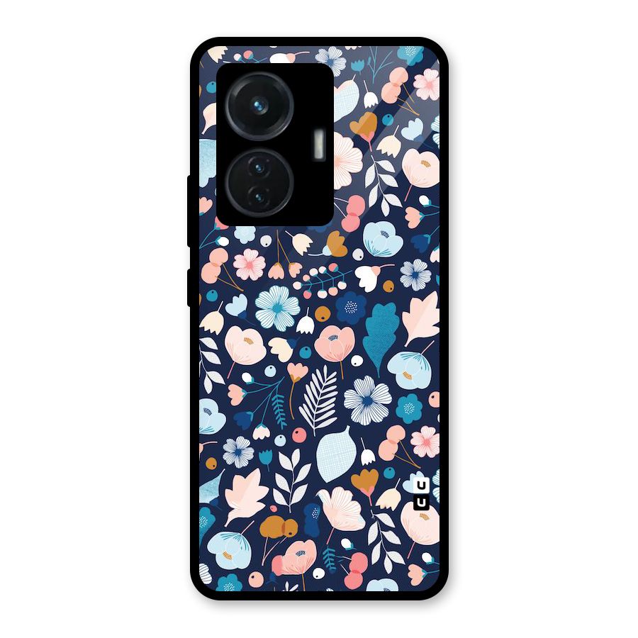 Blue Floral Glass Back Case for Vivo T1 44W