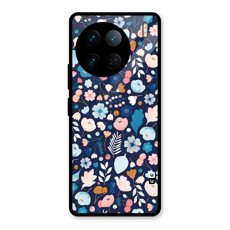 Blue Floral Glass Back Case for Vivo X90 Pro