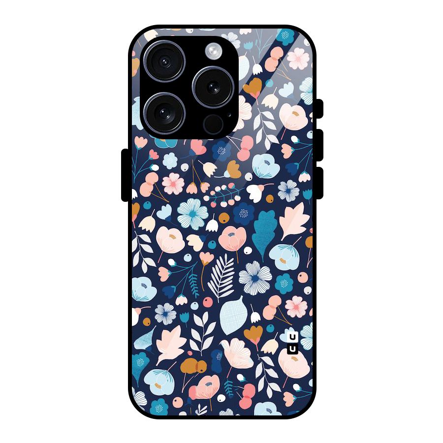 Blue Floral Glass Back Case for iPhone 15 Pro