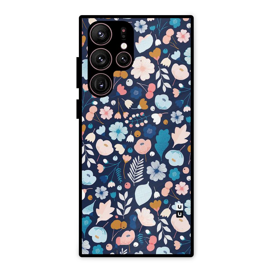 Blue Floral Metal Back Case for Galaxy S22 Ultra 5G