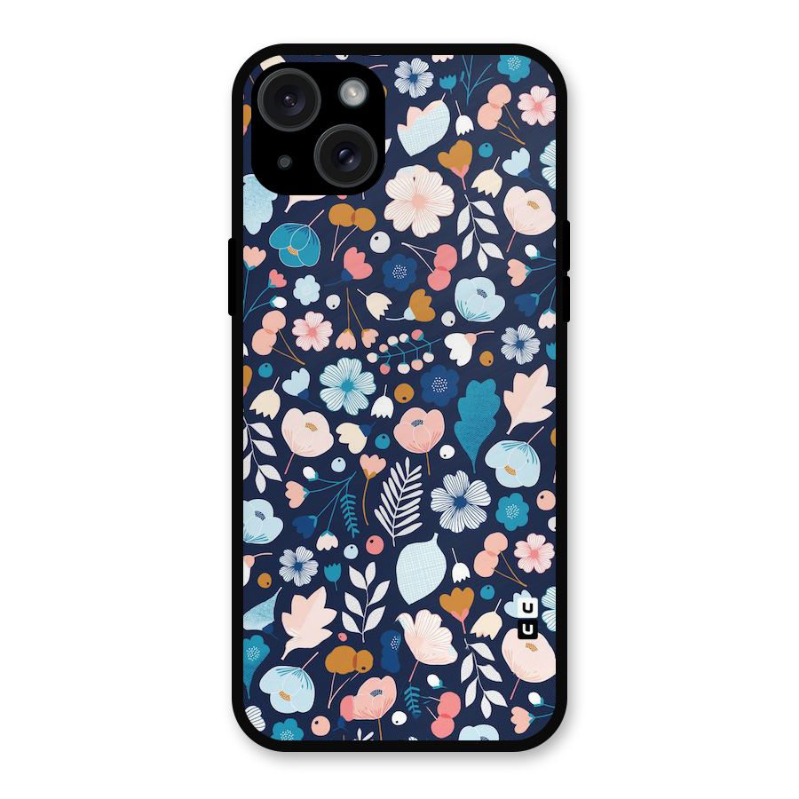 Blue Floral Metal Back Case for iPhone 15 Plus