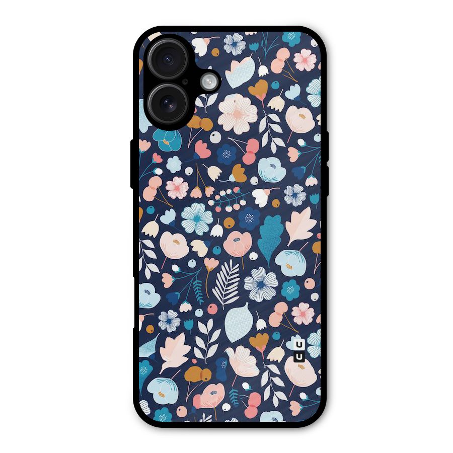 Blue Floral Metal Back Case for iPhone 16 Plus