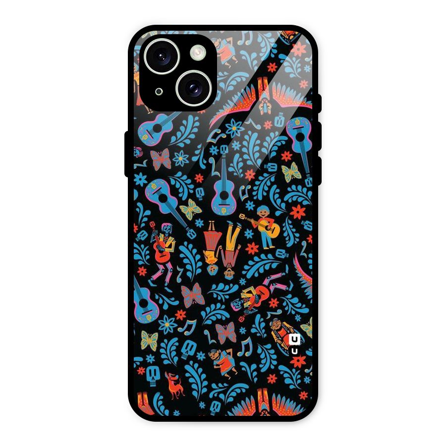 Blue Guitar Pattern Glass Back Case for iPhone 15 Plus
