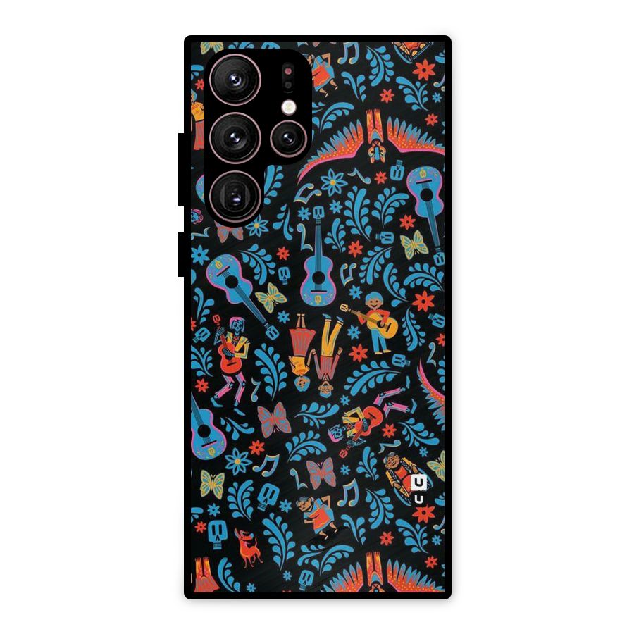 Blue Guitar Pattern Metal Back Case for Galaxy S22 Ultra 5G