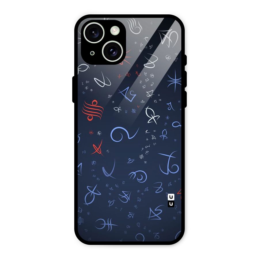 Blue Symbols Glass Back Case for iPhone 15 Plus